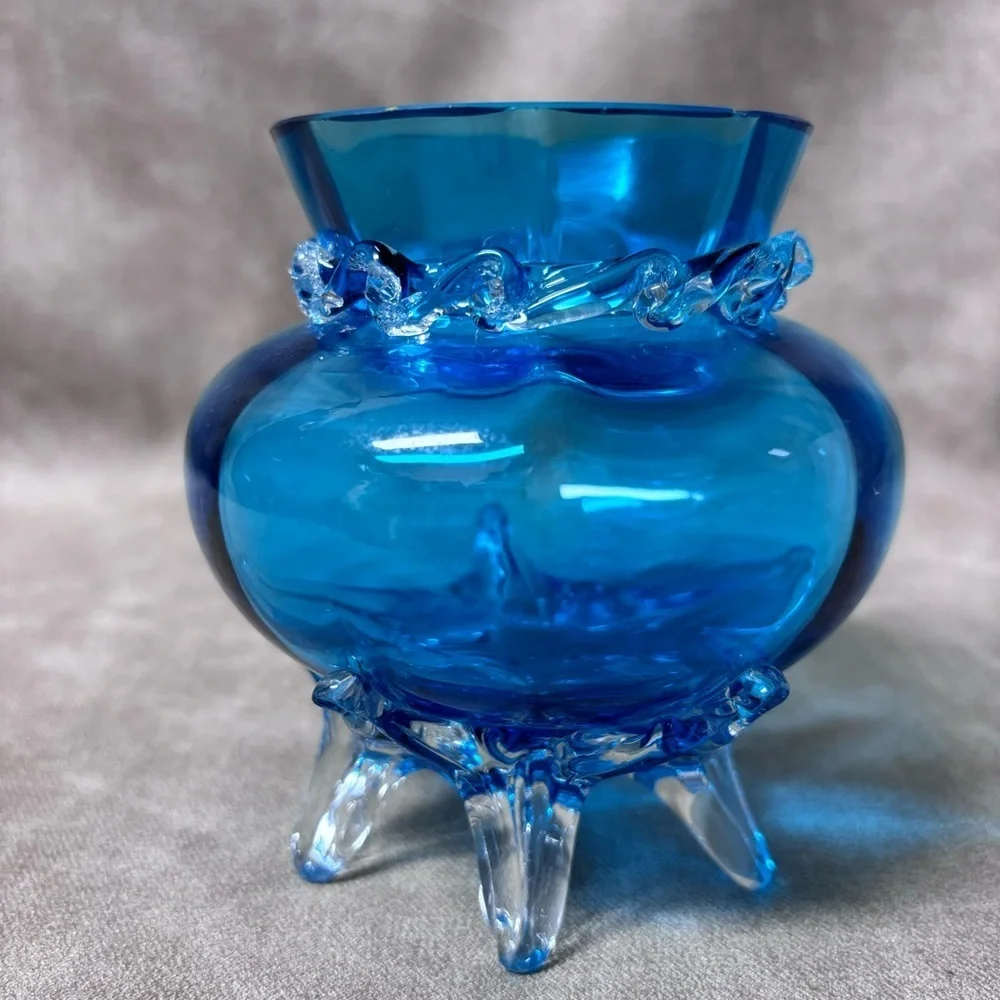 Blue Glass Footed Vase Hand Blown Applied Ribbon Pilgrim Glass Made in USA